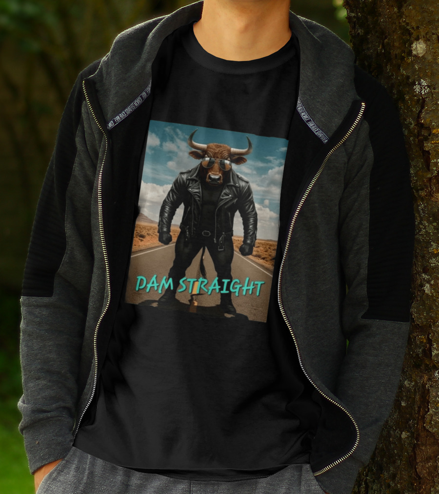 Dam Straight Charging Bull In Basquiat Style With Leather Jacket T-Shirt