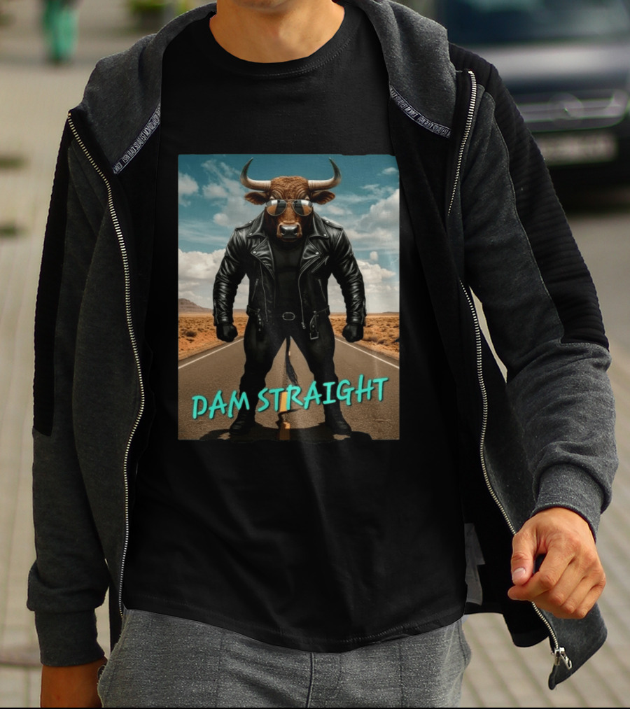 Dam Straight Charging Bull In Basquiat Style With Leather Jacket T-Shirt