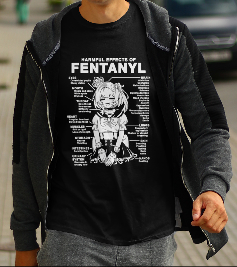 Harmful Effects Of Fentanyl Infographic Anime Character Eyes Mouth Heart Muscles Oxygen Intoxication T-Shirt