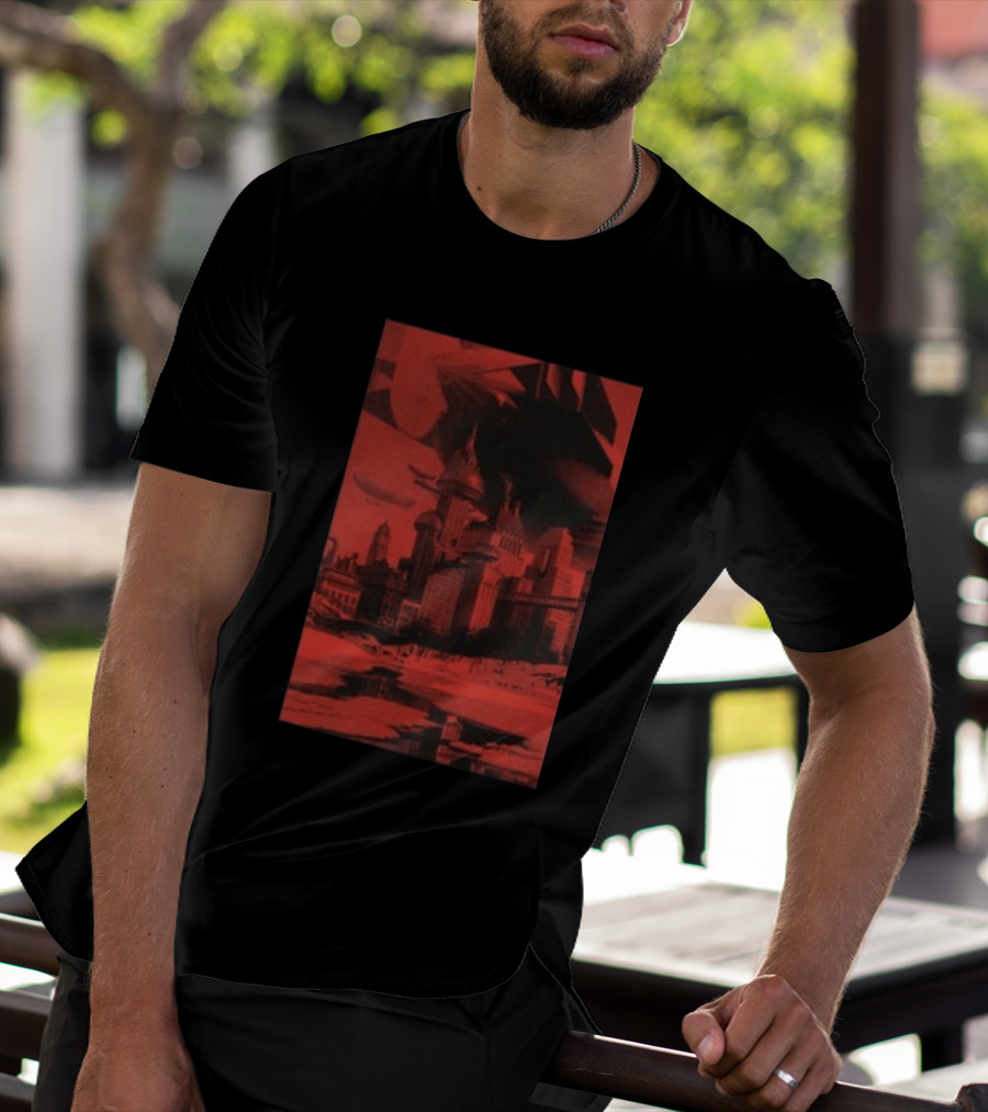 The Barbarians Of California Megatons Pull Retro Futuristic Cityscape Airships T-Shirt
