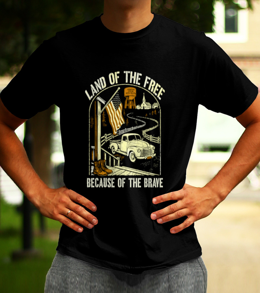 Land Of The Free Because Of The Brave American Patriotic Farm Truck With Flag And Country Landscape T-Shirt