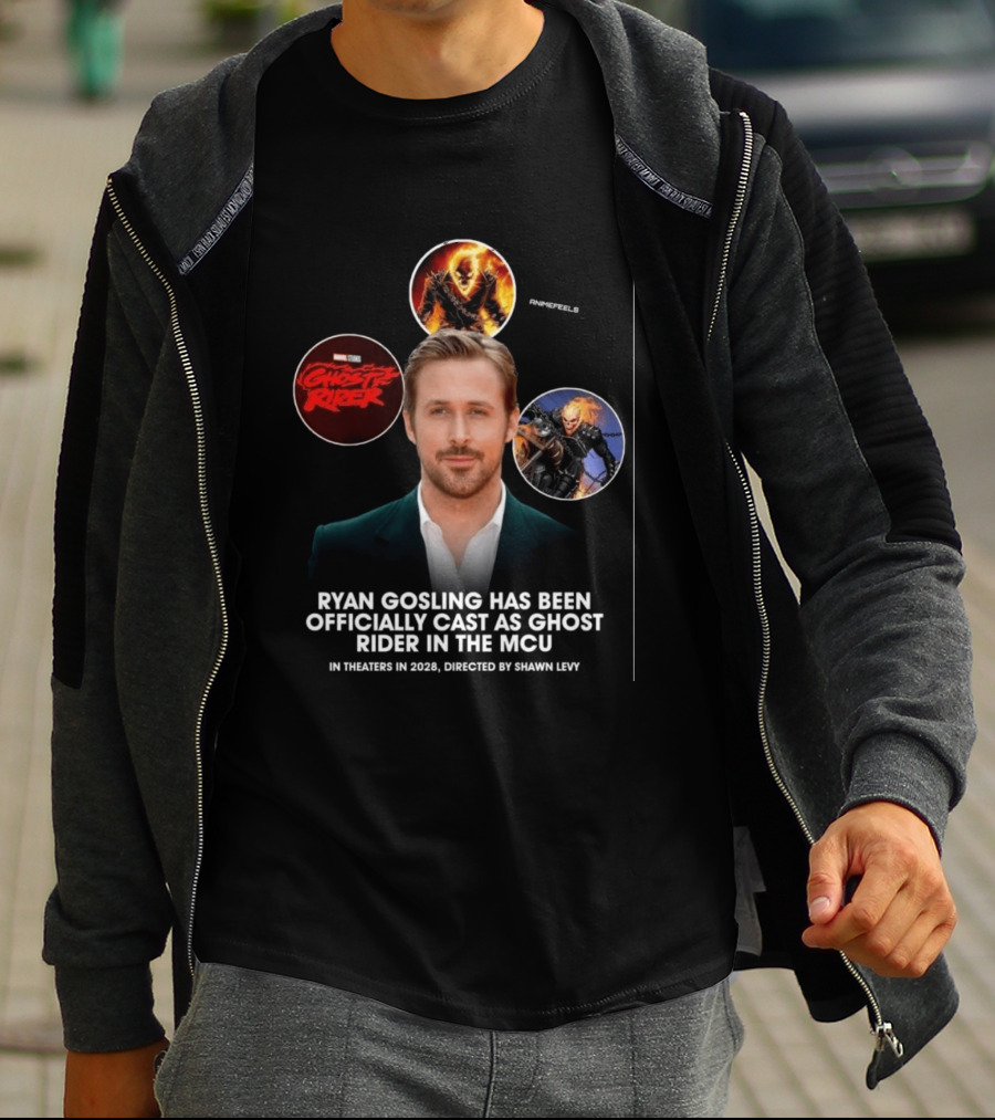 Ryan Gosling Cast As Ghost Rider In Marvel Cinematic Universe MCU 2028 Directed By Shawn Levy T-Shirt