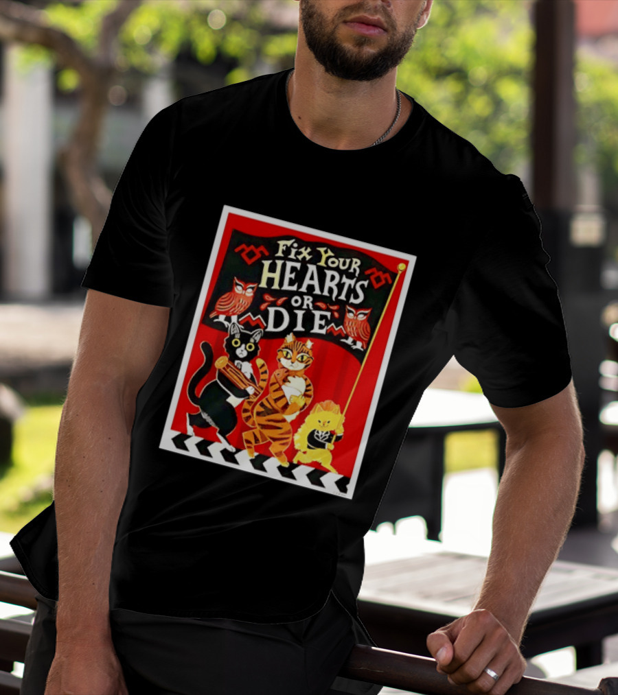 Twin Peaks Cats Fix Your Hearts Or Die David Lynch Owls Red Banner T-Shirt