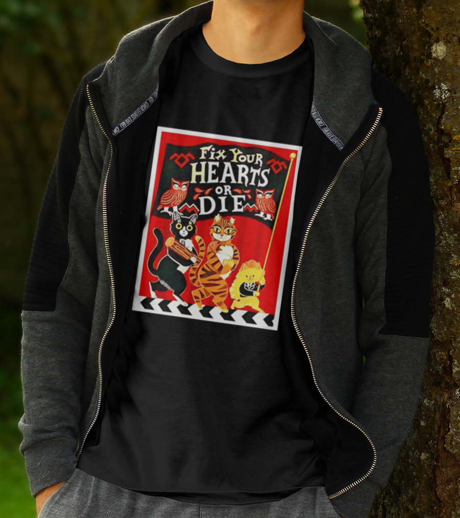 Twin Peaks Cats Fix Your Hearts Or Die David Lynch Owls Red Banner T-Shirt