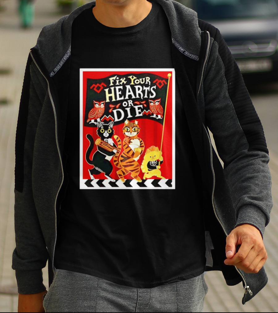 Twin Peaks Cats Fix Your Hearts Or Die David Lynch Owls Red Banner T-Shirt
