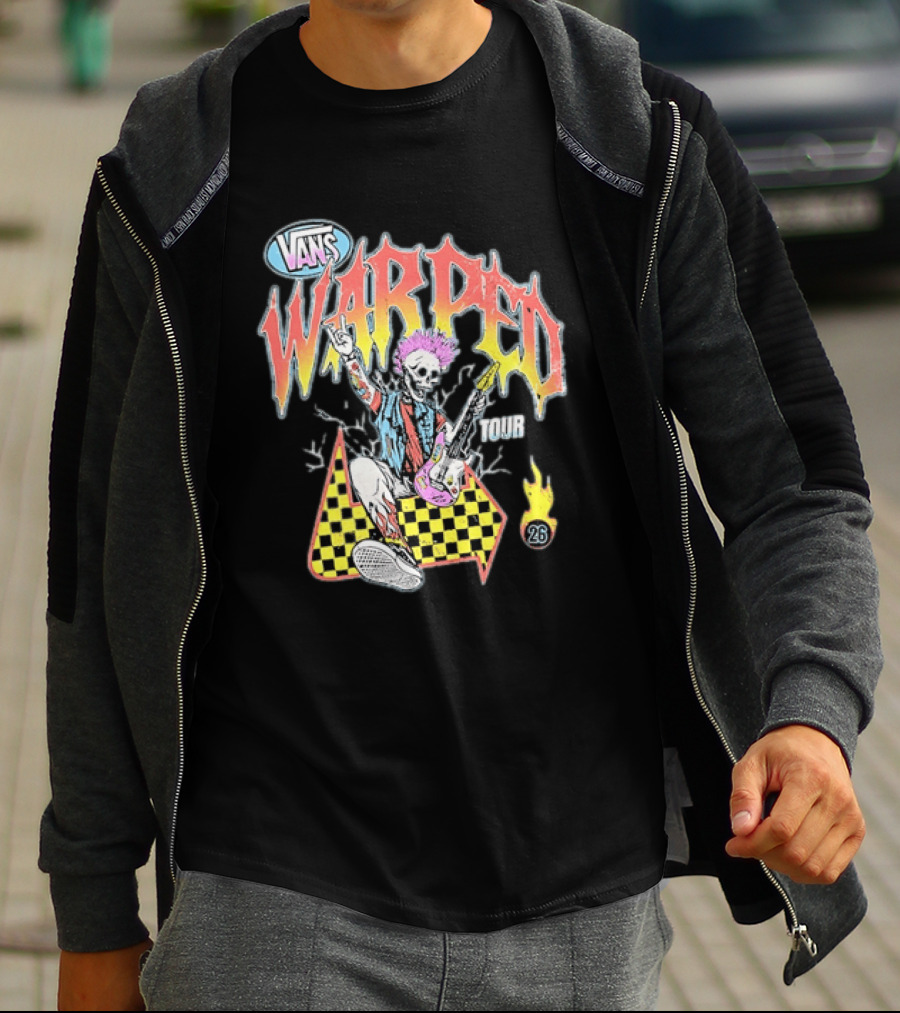 Vans Warped Tour 2026 Punk Rock Skeleton Guitarist With Colorful Mohawk T-Shirt
