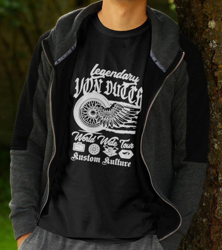Legendary Von Dutch World Wide Tour Kustom Kulture Motorcycle Wings Wheel T-Shirt