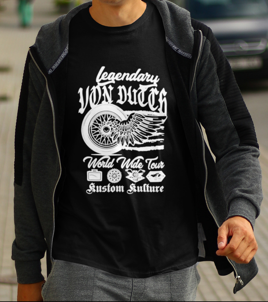 Legendary Von Dutch World Wide Tour Kustom Kulture Motorcycle Wings Wheel T-Shirt