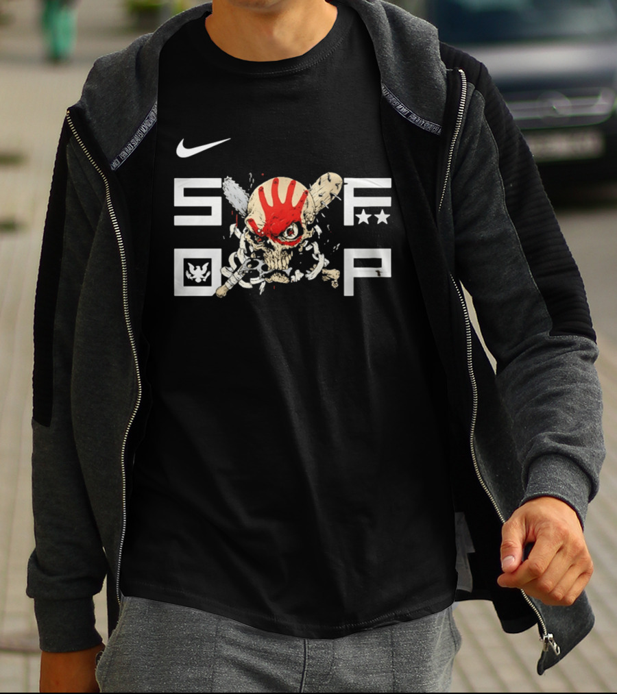 SDFP Skull Chains Brass Knuckles Design With Nike Logo And Red Handprint T-Shirt
