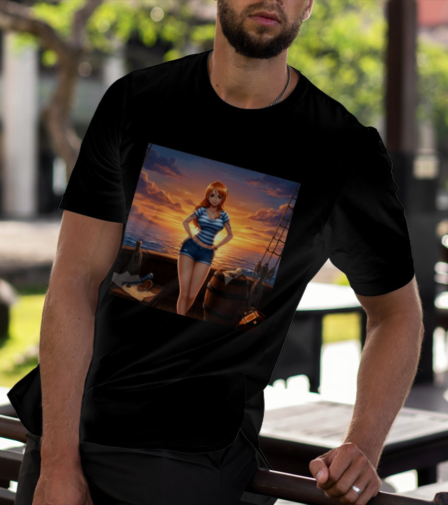 Nami One Piece Joyful Sunset Pirate Ship Ocean Scene T-Shirt
