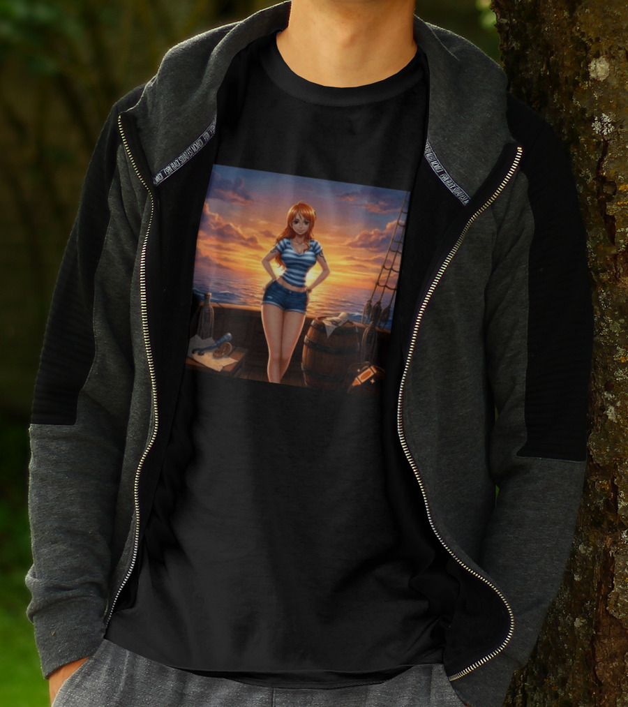 Nami One Piece Joyful Sunset Pirate Ship Ocean Scene T-Shirt