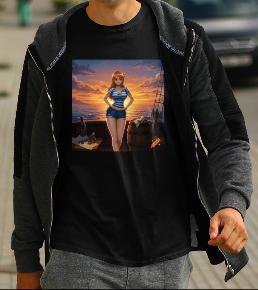 Nami One Piece Joyful Sunset Pirate Ship Ocean Scene T-Shirt