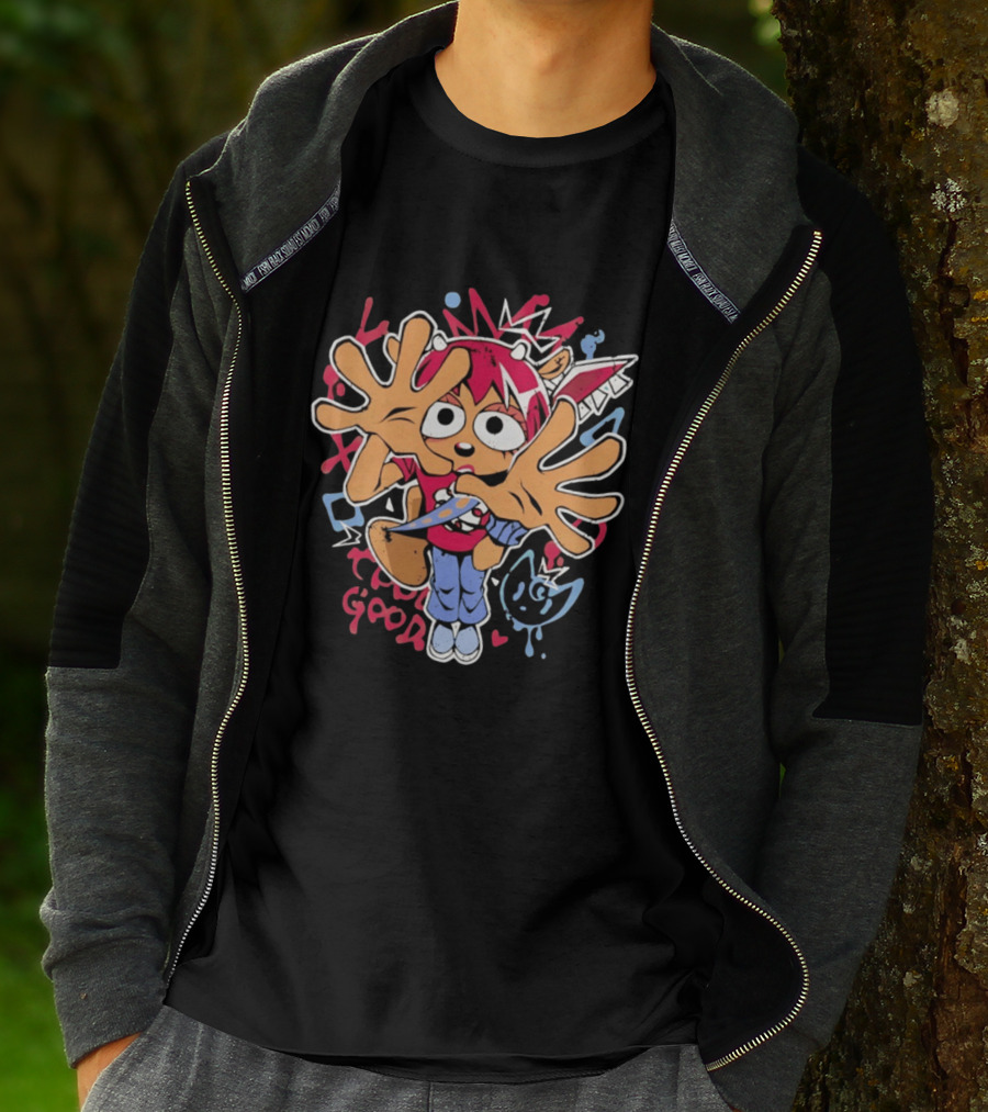 True Good Anime Distressed Graffiti Cartoon Character With Red Hair And Large Hands T-Shirt
