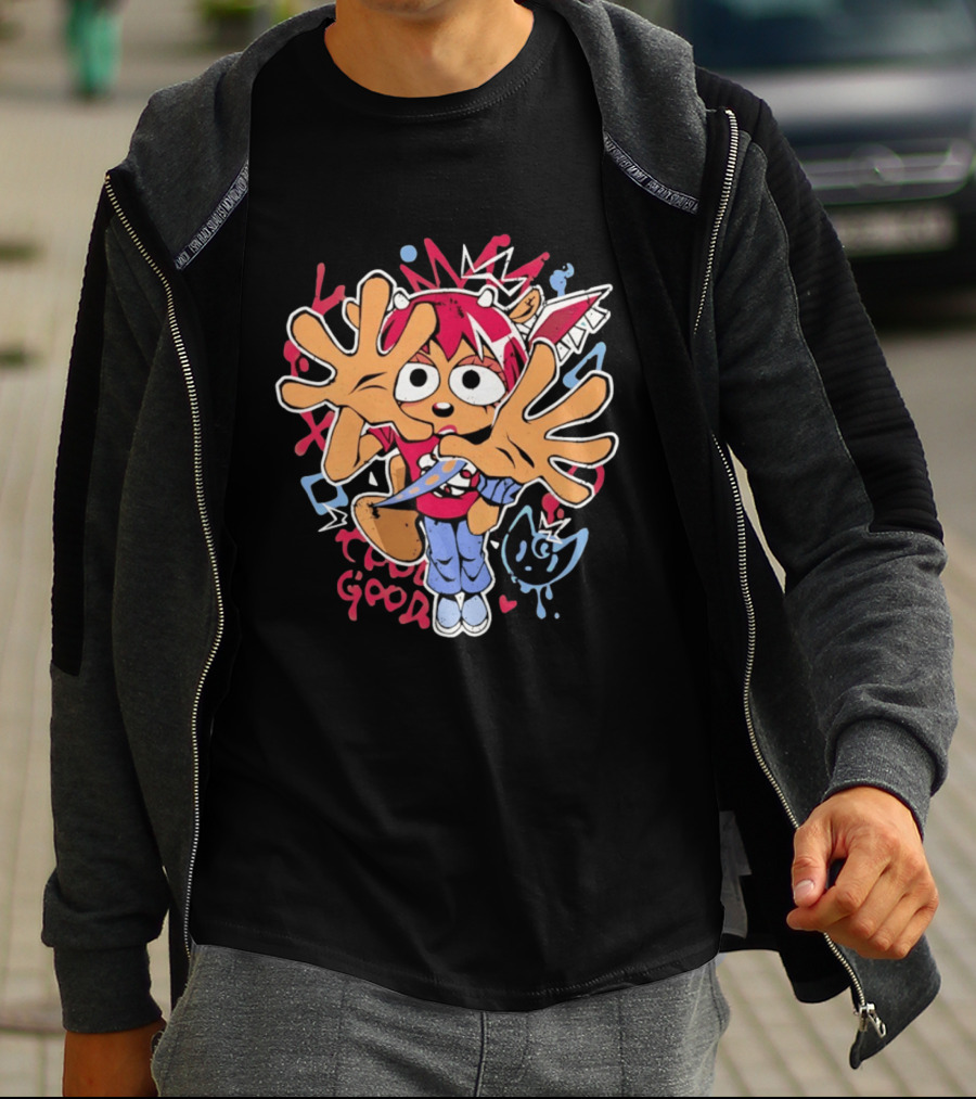 True Good Anime Distressed Graffiti Cartoon Character With Red Hair And Large Hands T-Shirt
