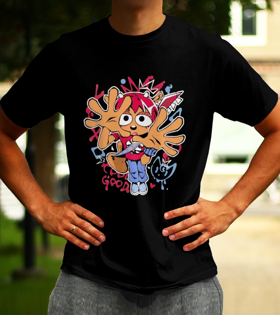 True Good Anime Distressed Graffiti Cartoon Character With Red Hair And Large Hands T-Shirt