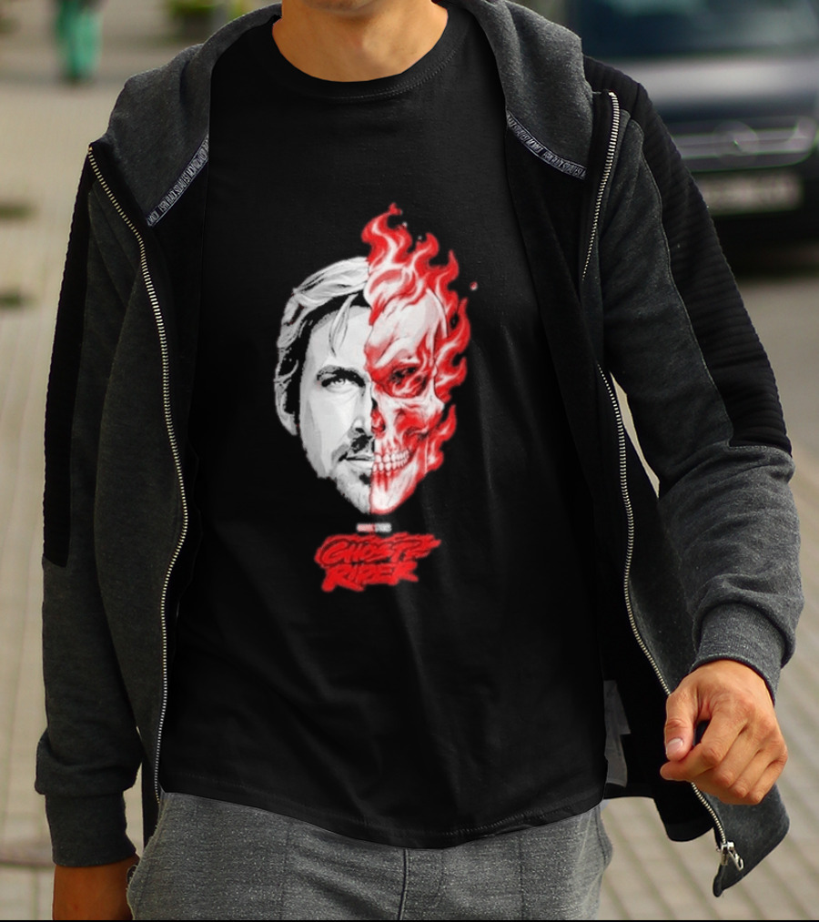 Ryan Gosling Ghost Rider 2028 Split Face Fiery Skull T-Shirt