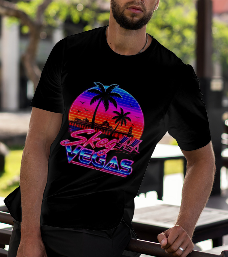 Skeg Vegas Beach Pier Sunset Skegness Retro Neon T-Shirt