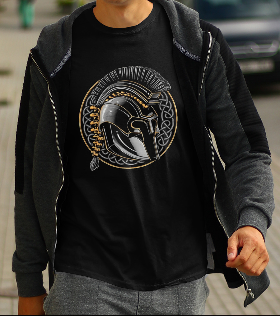 Spartan Helmet Celtic Knot Motif With Braided Spinal Column T-Shirt