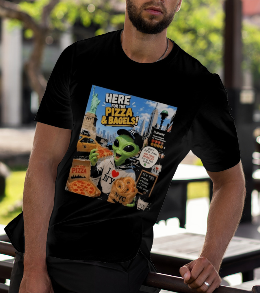 NYC Alien Loves Pizza And Bagels With Statue Of Liberty And Times Square Subway T-Shirt