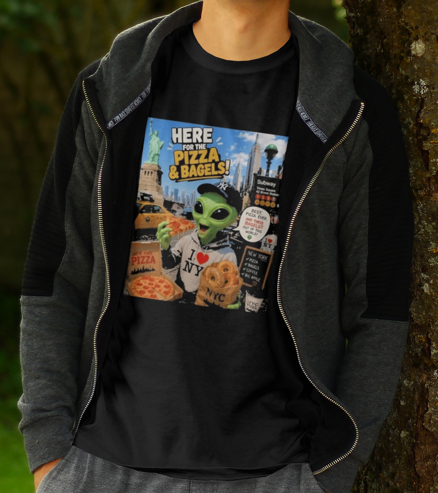 NYC Alien Loves Pizza And Bagels With Statue Of Liberty And Times Square Subway T-Shirt