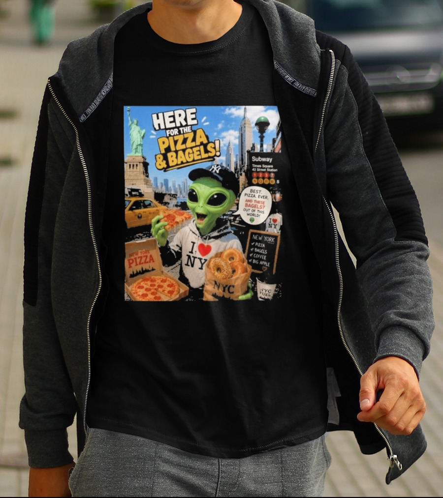NYC Alien Loves Pizza And Bagels With Statue Of Liberty And Times Square Subway T-Shirt