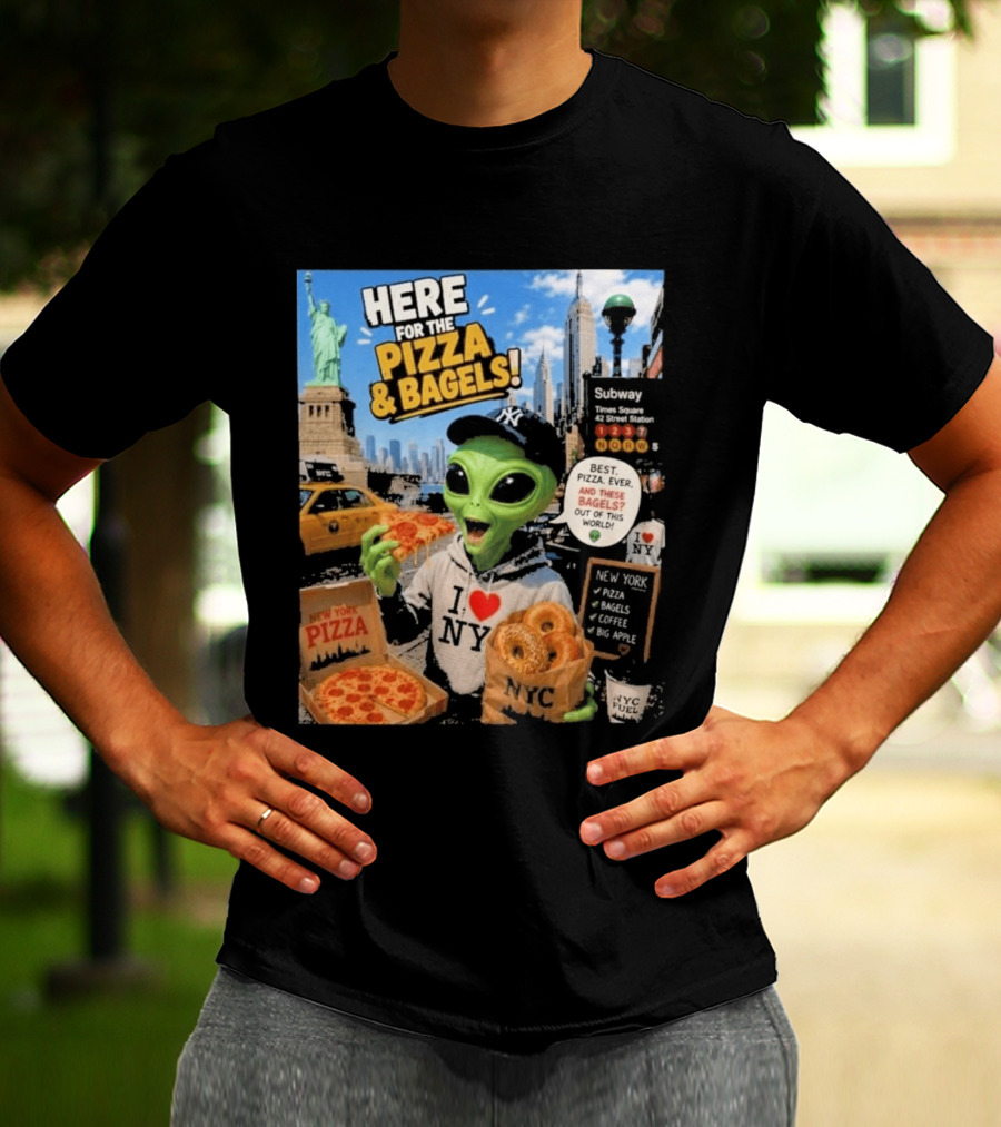 NYC Alien Loves Pizza And Bagels With Statue Of Liberty And Times Square Subway T-Shirt