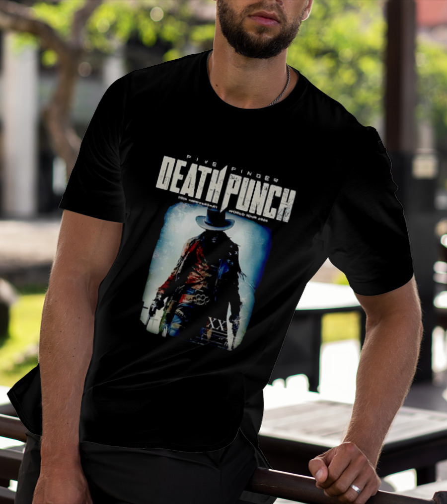 Five Finger Death Punch 20th Anniversary World Tour 2026 Cowboy Imagery With Knuckle Duster And Pistols T-Shirt