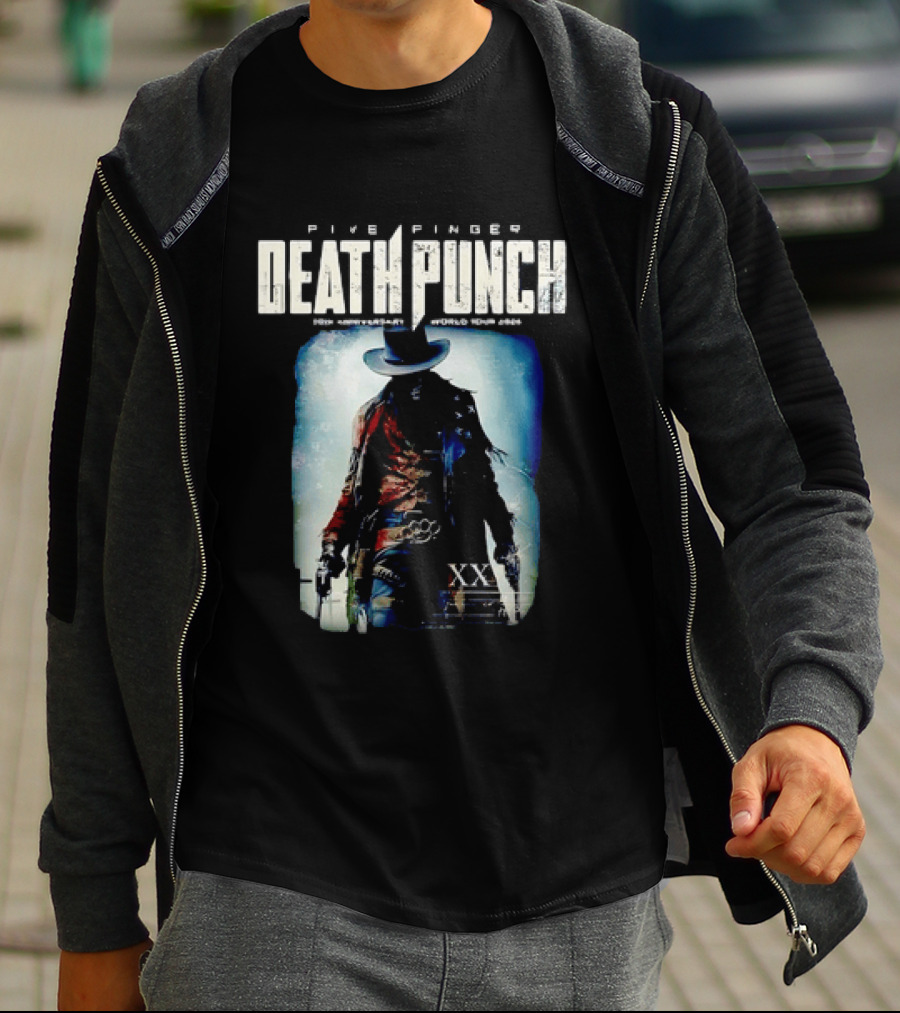 Five Finger Death Punch 20th Anniversary World Tour 2026 Cowboy Imagery With Knuckle Duster And Pistols T-Shirt