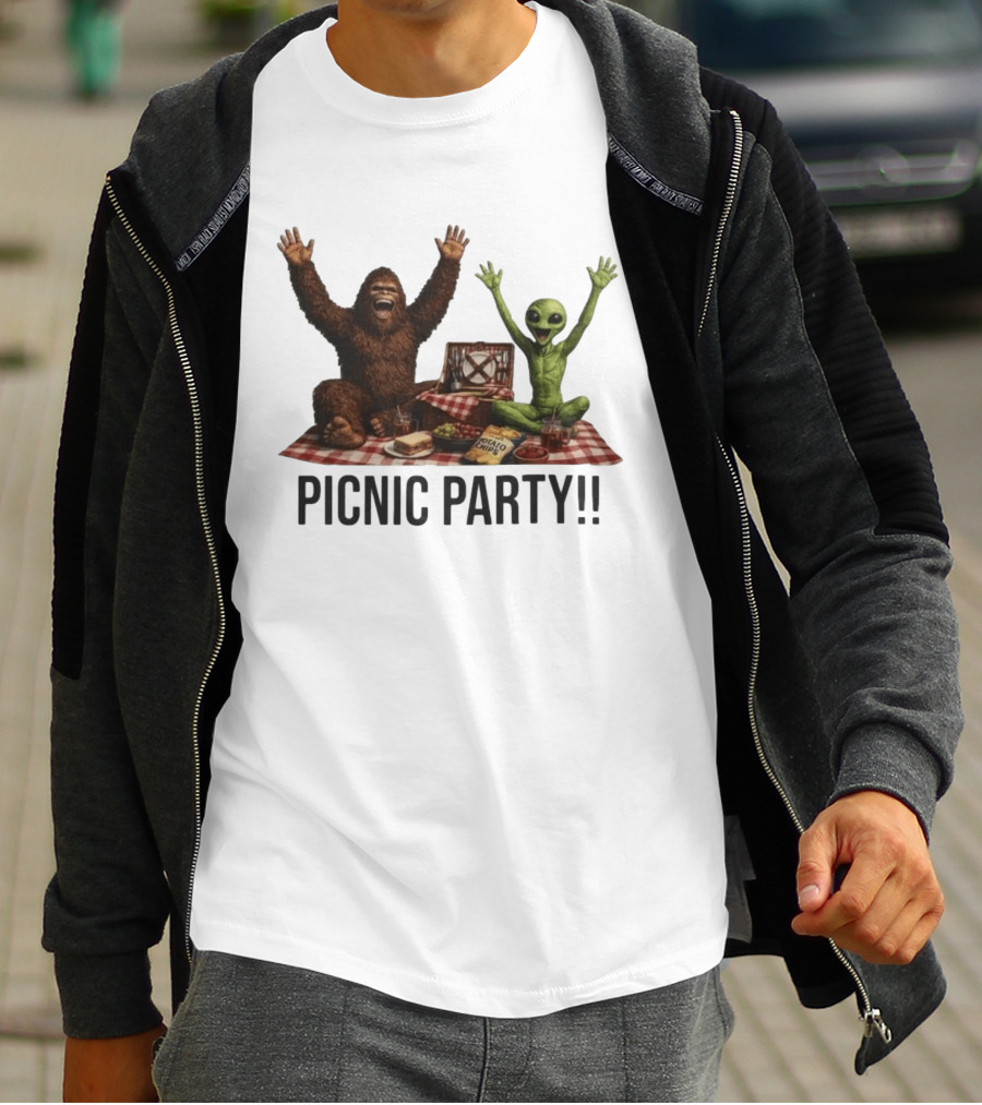 Bigfoot And Alien Picnic Party With Chips And Sandwiches T-Shirt