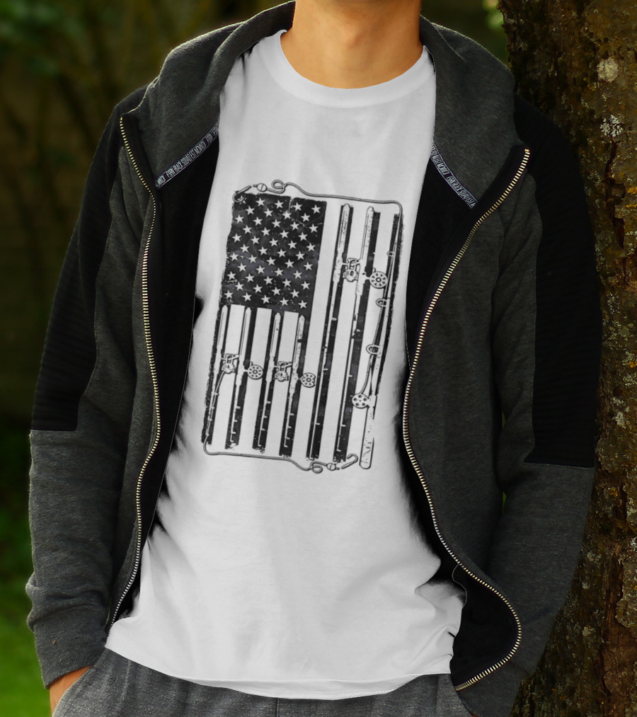 Distressed American Flag Fishing Rod Patriotic USA Angling Stars And Stripes T-Shirt