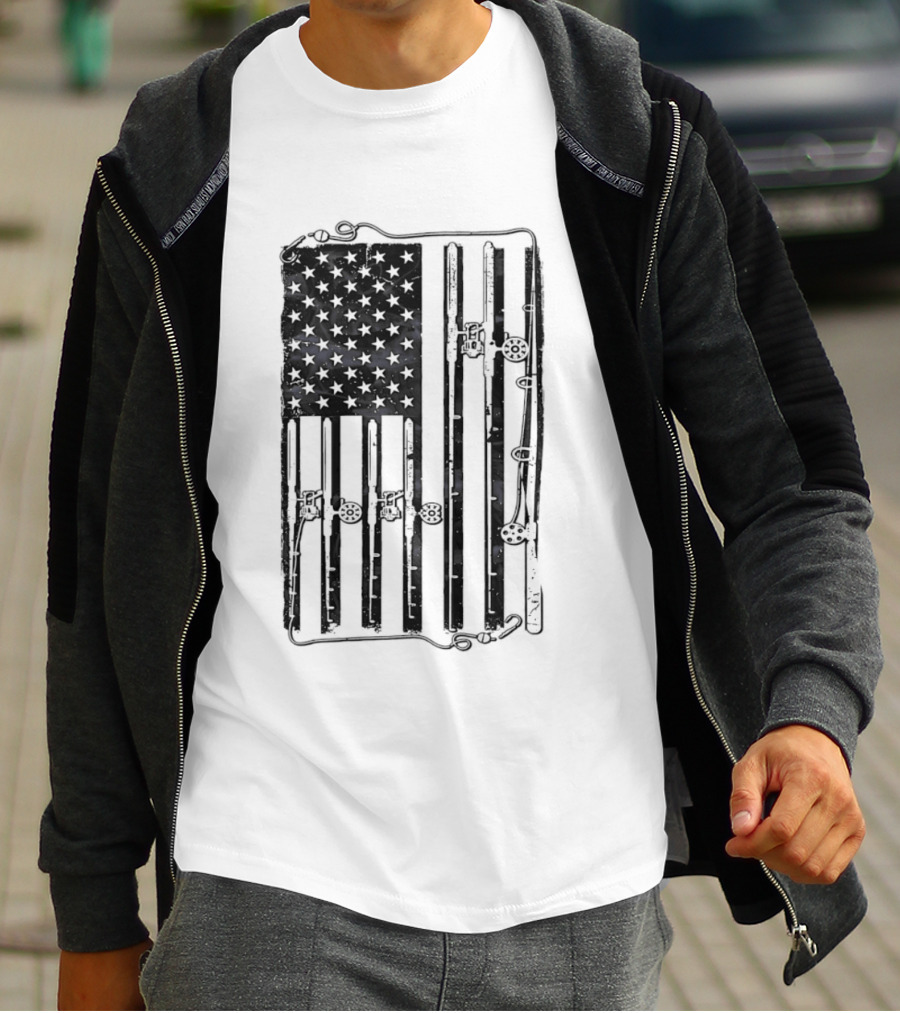 Distressed American Flag Fishing Rod Patriotic USA Angling Stars And Stripes T-Shirt