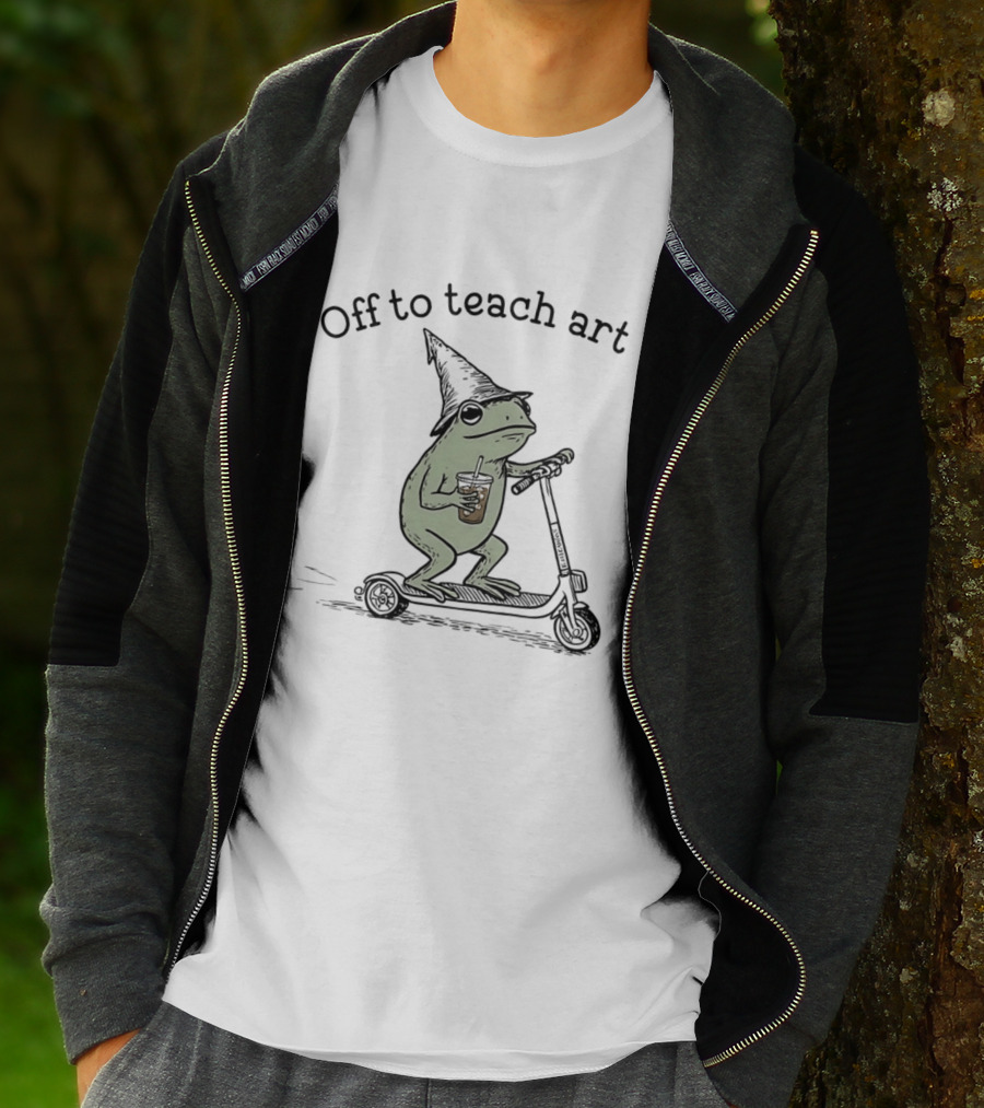 Frog Off To Teach Art With Iced Coffee On Scooter T-Shirt