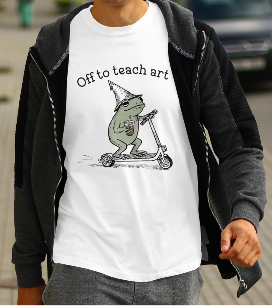 Frog Off To Teach Art With Iced Coffee On Scooter T-Shirt