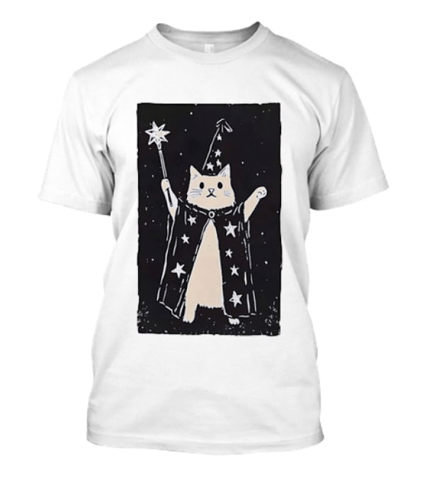 The Magician Cat Tarot Card Wizard Hat Starry Cloak Magic Wand T-Shirt