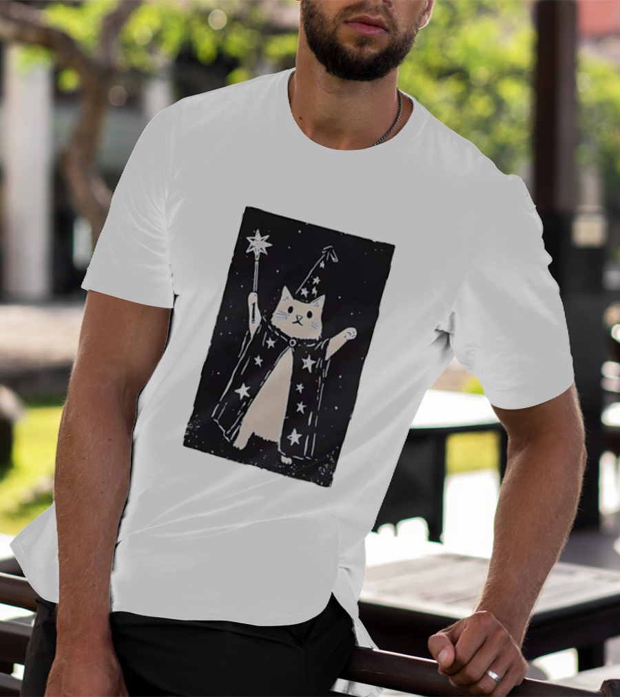The Magician Cat Tarot Card Wizard Hat Starry Cloak Magic Wand T-Shirt