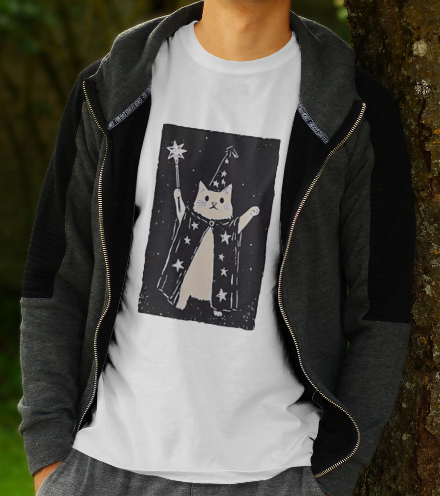 The Magician Cat Tarot Card Wizard Hat Starry Cloak Magic Wand T-Shirt