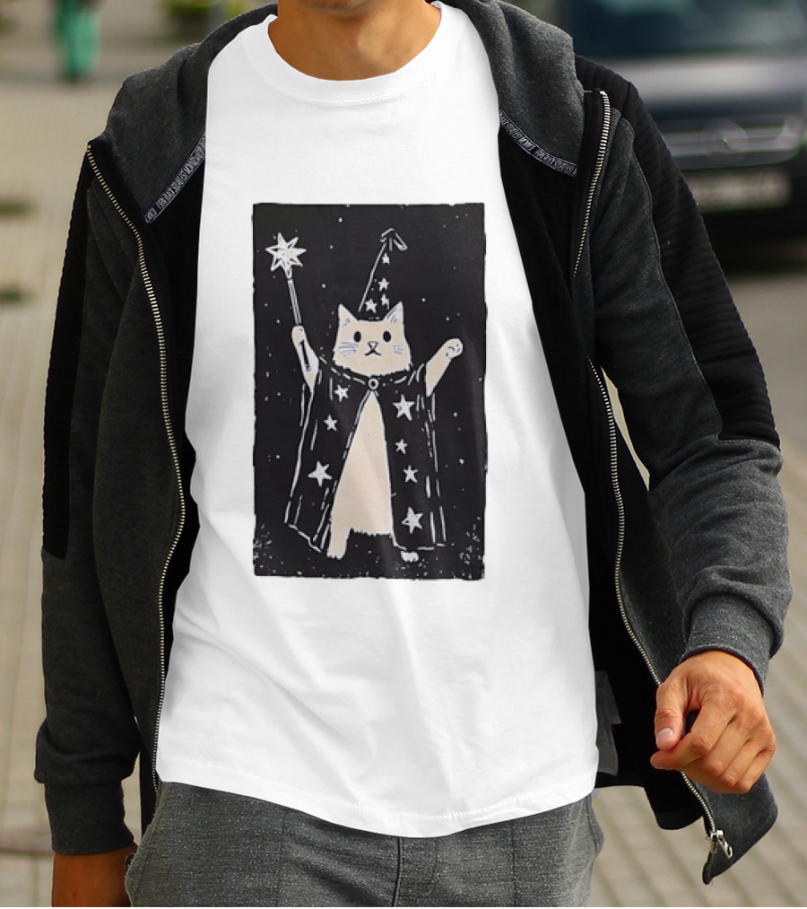 The Magician Cat Tarot Card Wizard Hat Starry Cloak Magic Wand T-Shirt