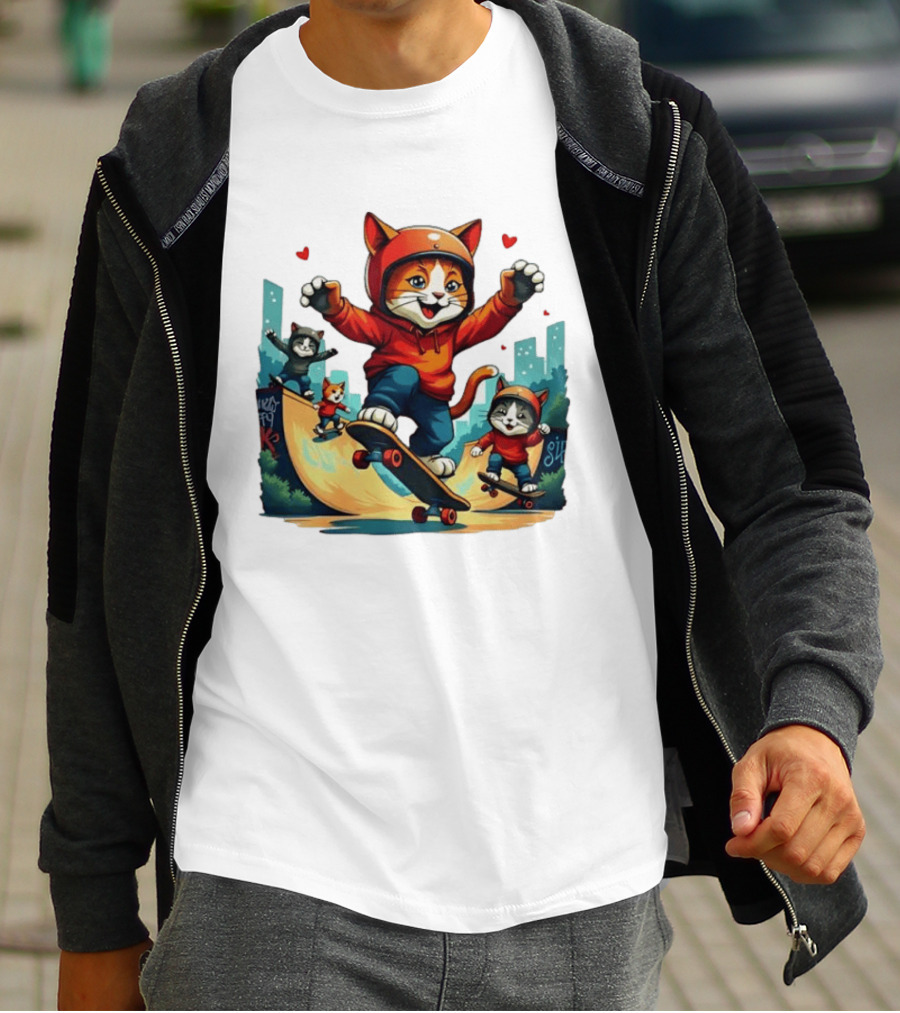 Skateboarding Cats In Helmets With Hearts And Cityscape T-Shirt