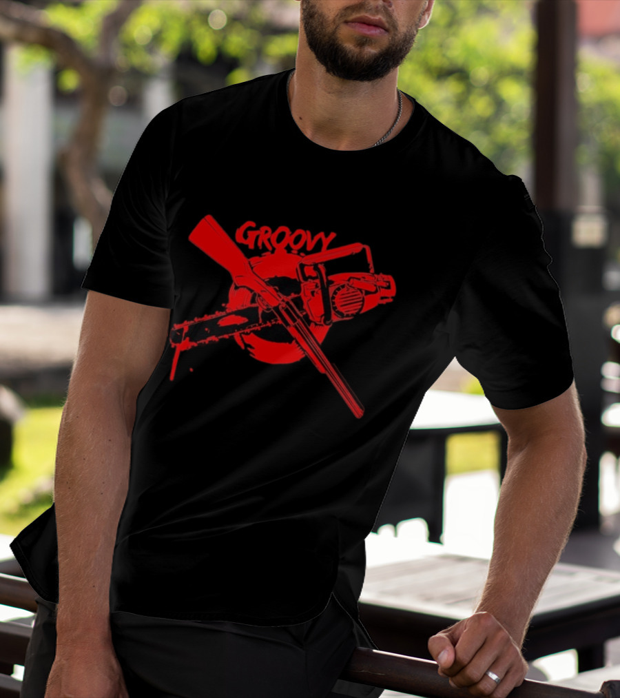 Ash Williams Evil Dead Groovy Chainsaw Shotgun T-Shirt