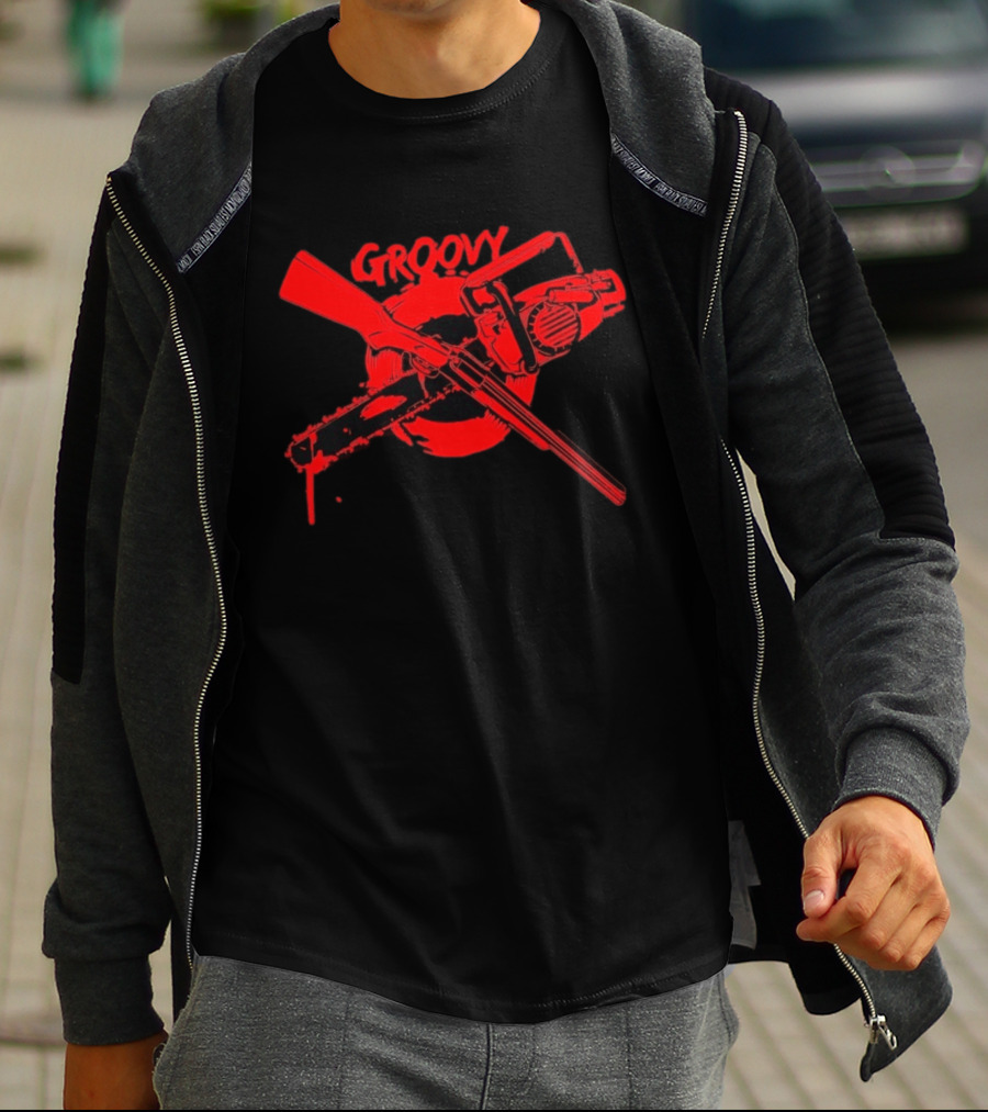 Ash Williams Evil Dead Groovy Chainsaw Shotgun T-Shirt