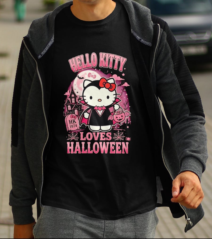 Hello Kitty Loves Halloween Vampire Costume Pink Bats And Haunted House T-Shirt
