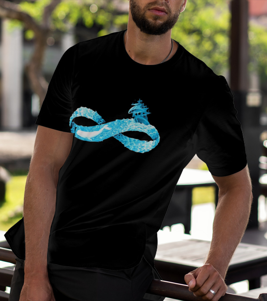 Infinity Symbol With Whale Swimming Beneath Sailing Ship Formed By Ocean Waves T-Shirt