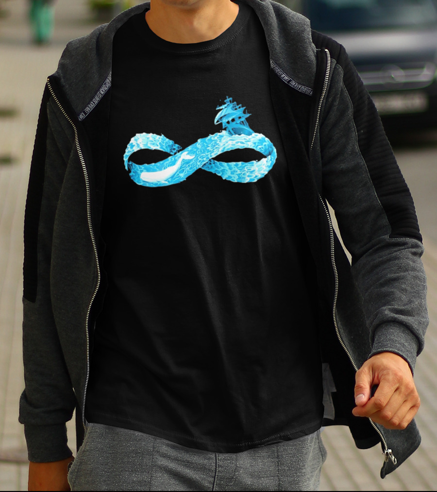 Infinity Symbol With Whale Swimming Beneath Sailing Ship Formed By Ocean Waves T-Shirt