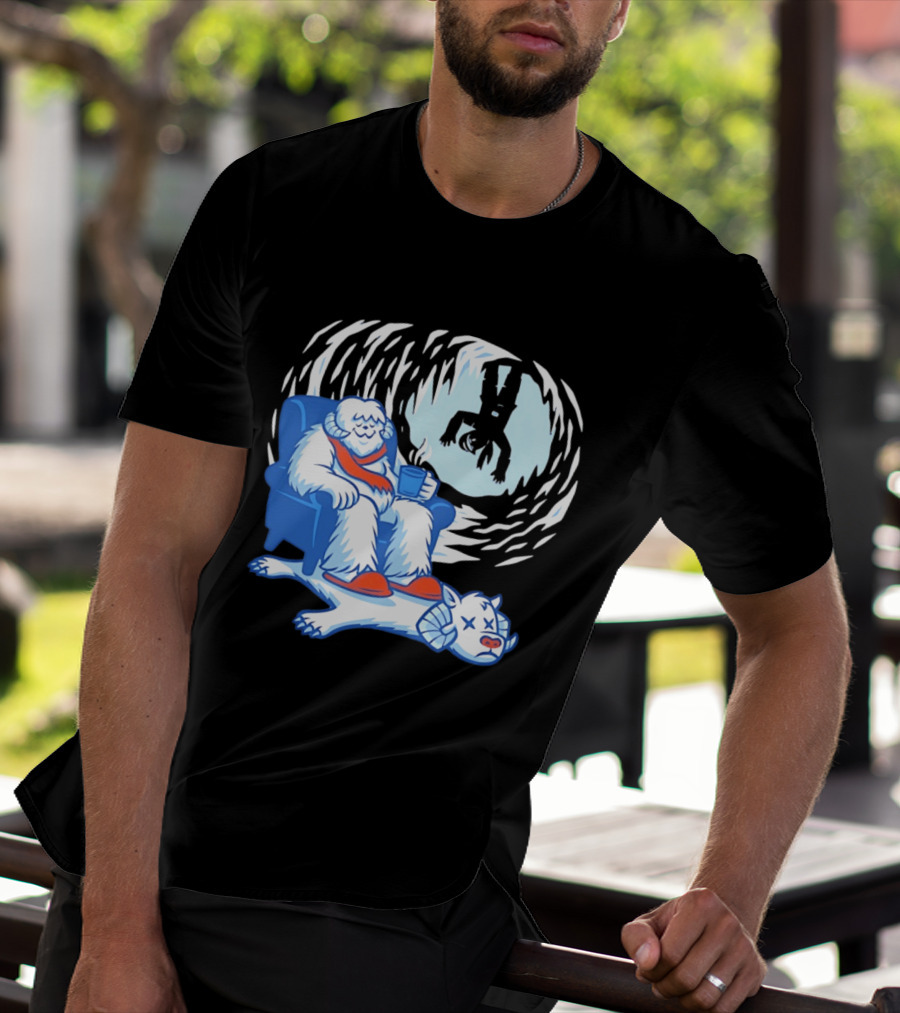 Yeti Relaxing In A Chair With Hot Drink And Abominable Snowman Rug T-Shirt