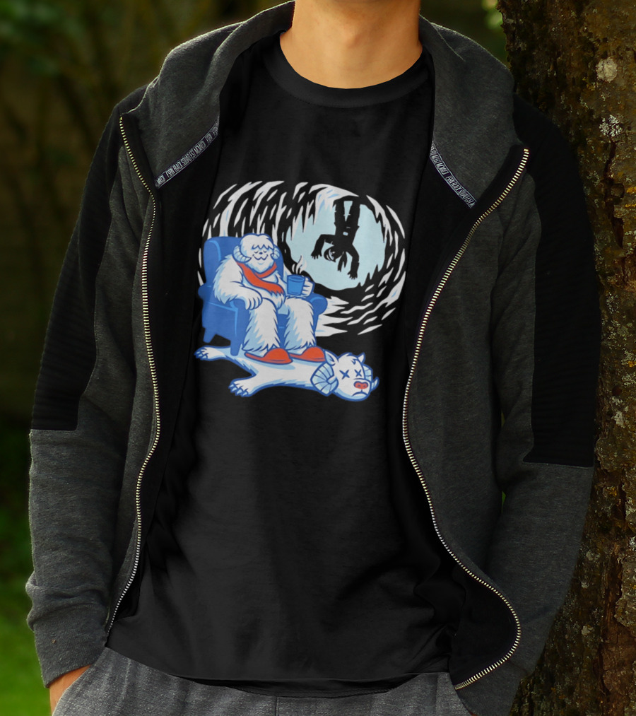 Yeti Relaxing In A Chair With Hot Drink And Abominable Snowman Rug T-Shirt