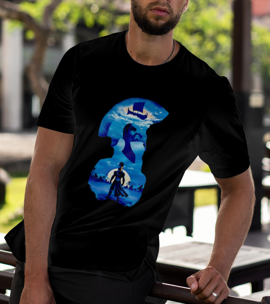 Spartan Warrior With Trojan Horse And Ancient Ship In Mythical Blue Scene T-Shirt
