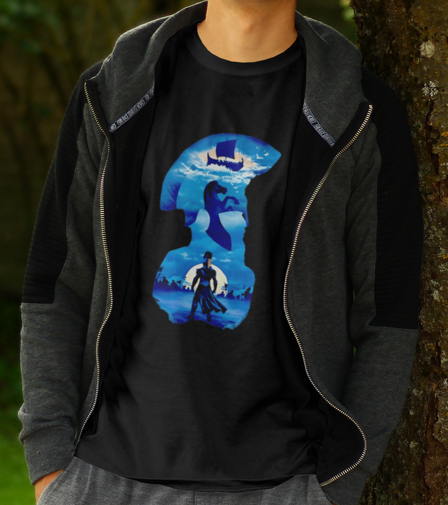 Spartan Warrior With Trojan Horse And Ancient Ship In Mythical Blue Scene T-Shirt