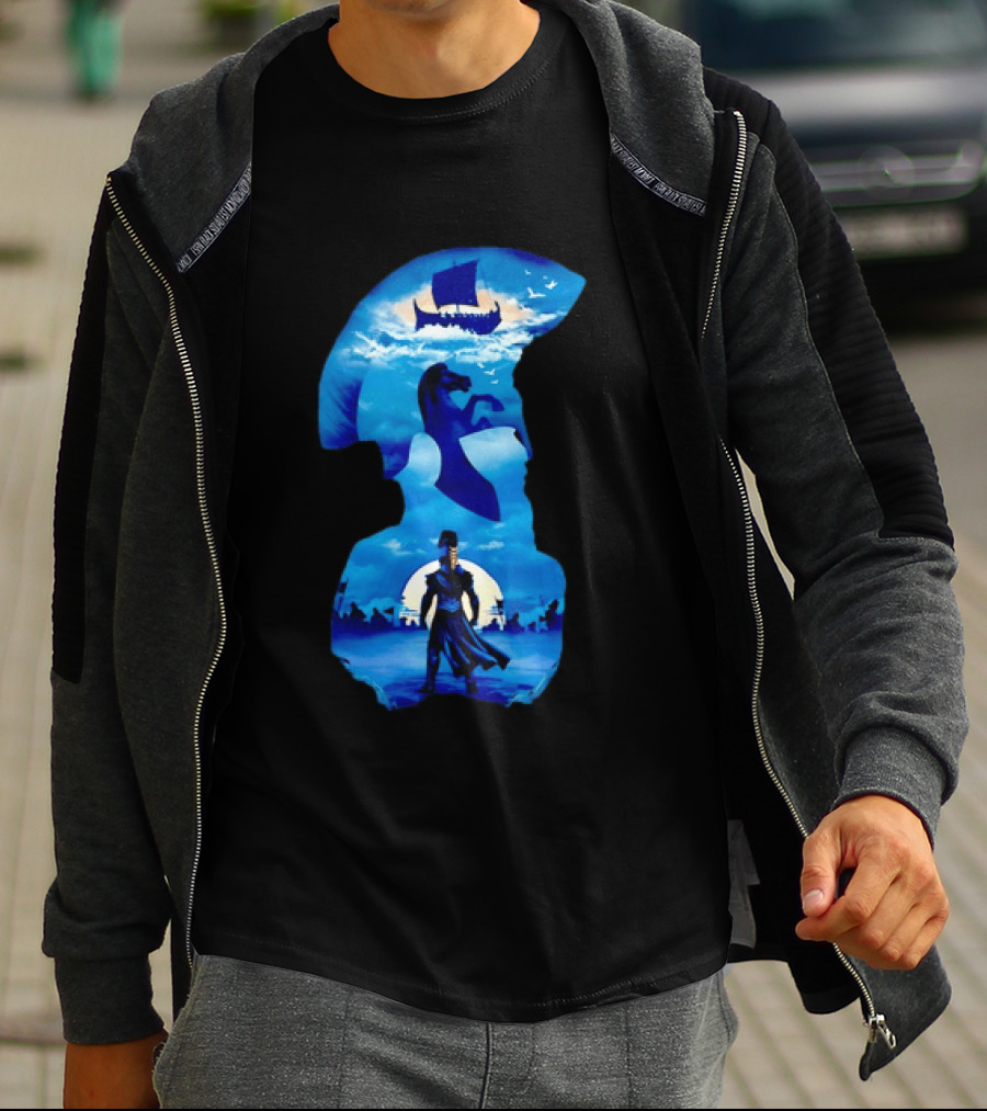 Spartan Warrior With Trojan Horse And Ancient Ship In Mythical Blue Scene T-Shirt