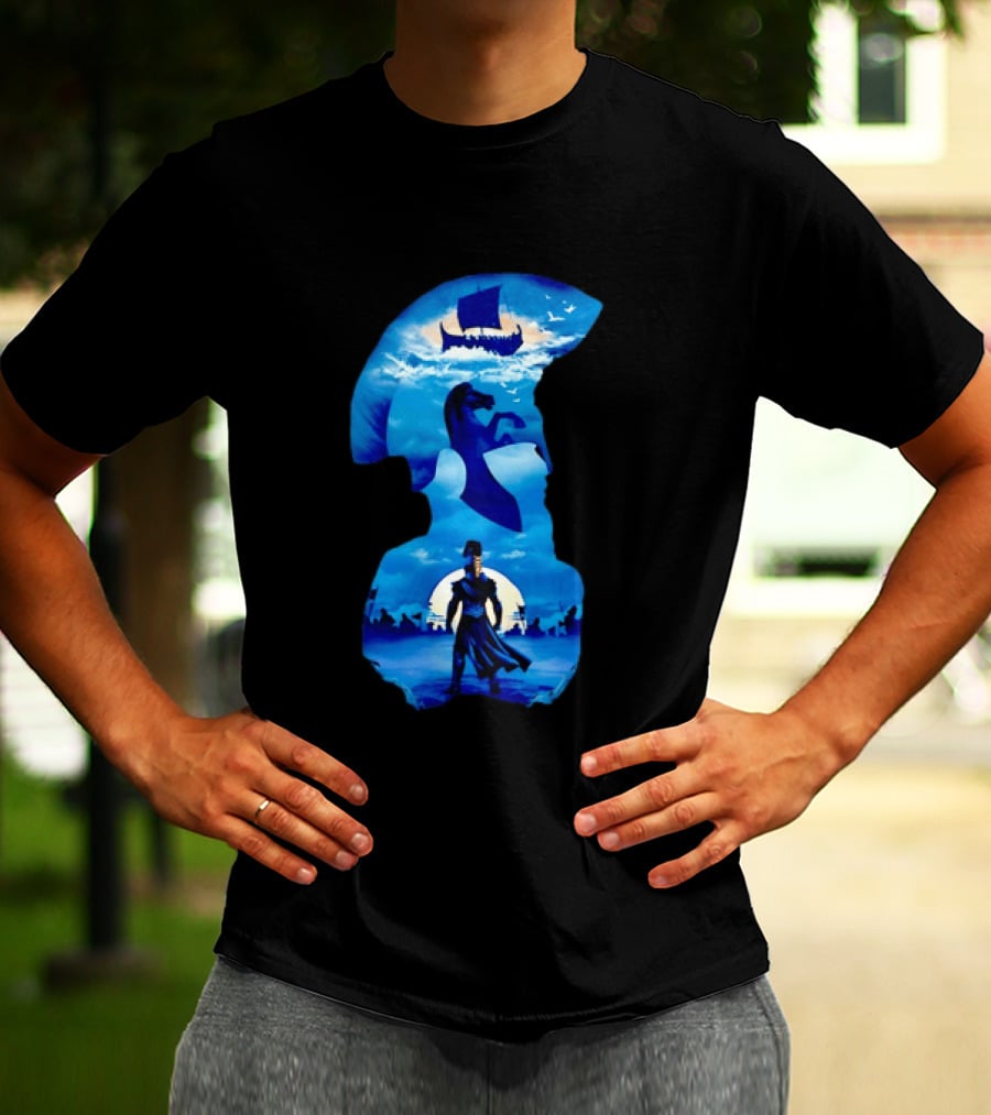 Spartan Warrior With Trojan Horse And Ancient Ship In Mythical Blue Scene T-Shirt