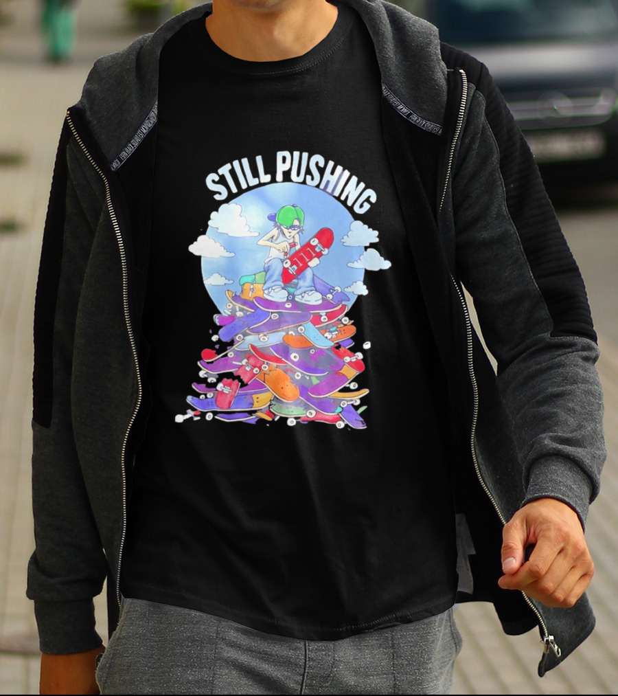 Still Pushing Skateboarder With 111 Skateboard Tower T-Shirt